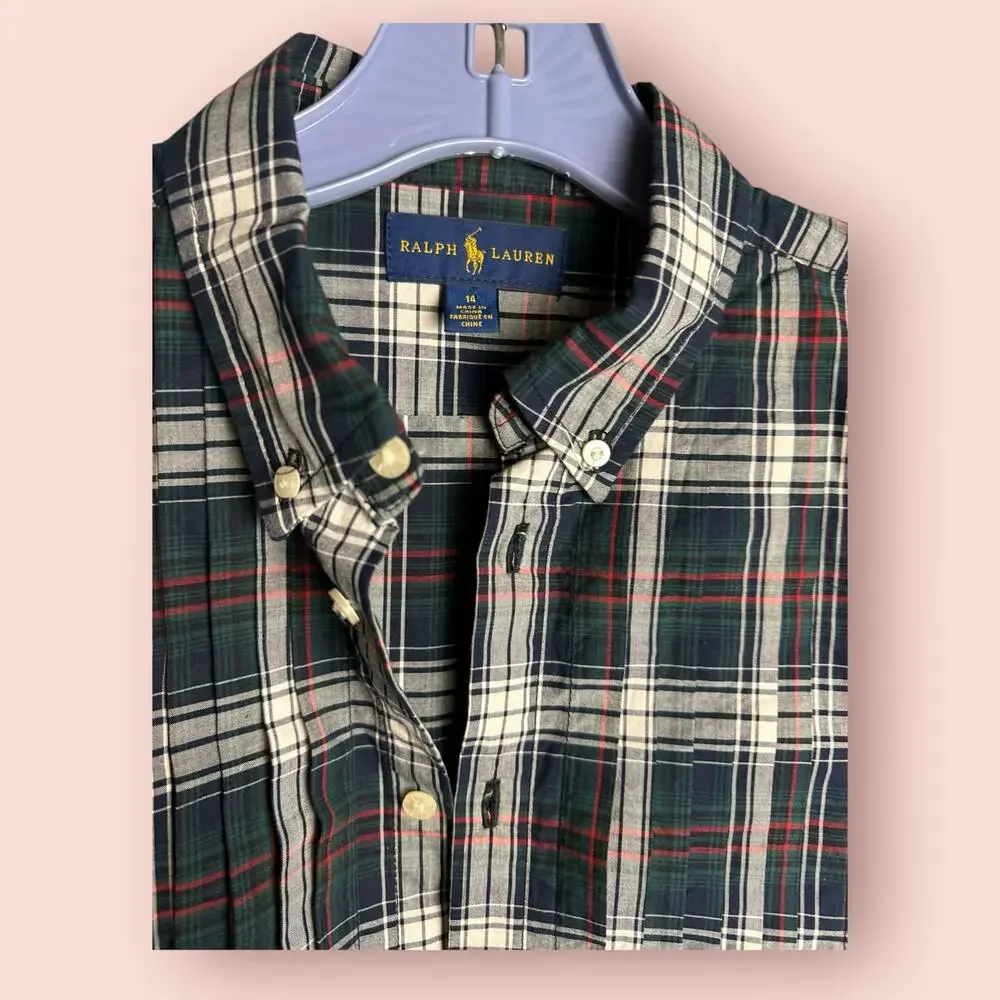 Ralph Lauren Girls Plaid Cotton Shirtdress Christmas Plaid Button Down 14 Large